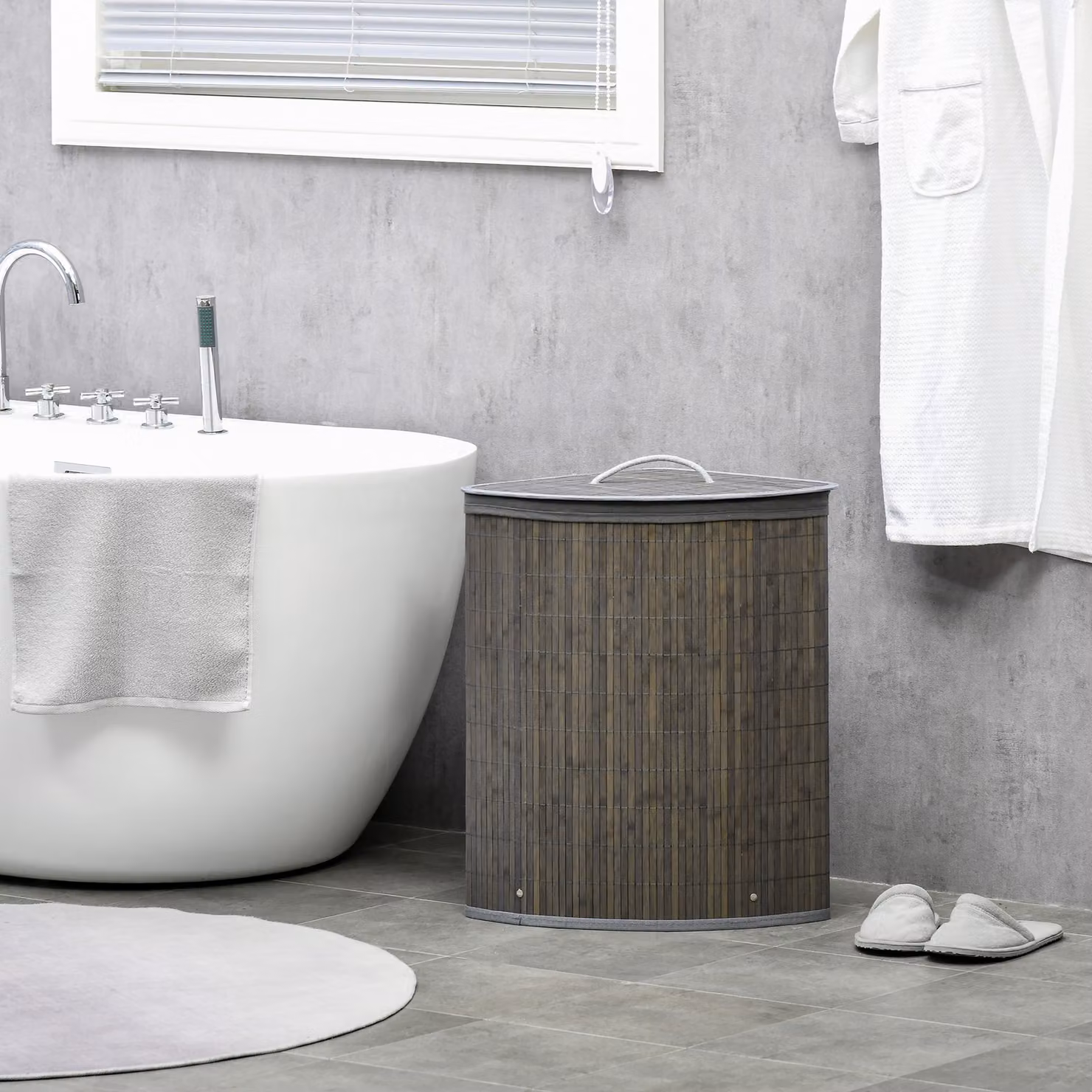 Cesto per il bucato d'angolo in bambù HOMCOM da 55L con coperchio e sacco rimovibile, grigio, L/P/H: 38 x 38 x 57 cm – 2