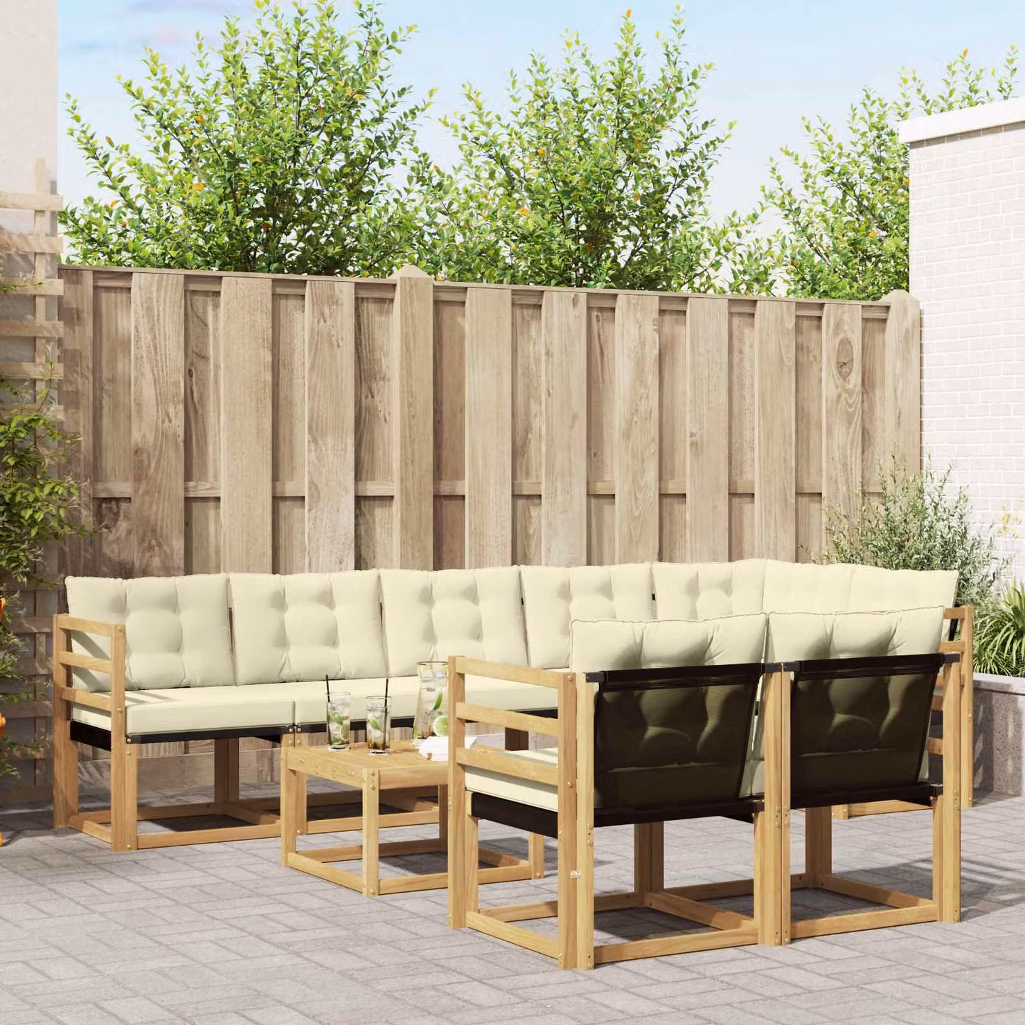 Set di divani da esterno vidaXL 9 pz a forma di L in legno di acacia con tavolino e cuscini Bianco e Beige