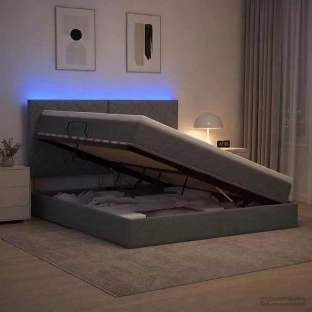 Letto con contenitore e materasso vidaXL in tessuto grigio con illuminazione LED e porte USB L/P/H: 180 x 200 x 140 cm