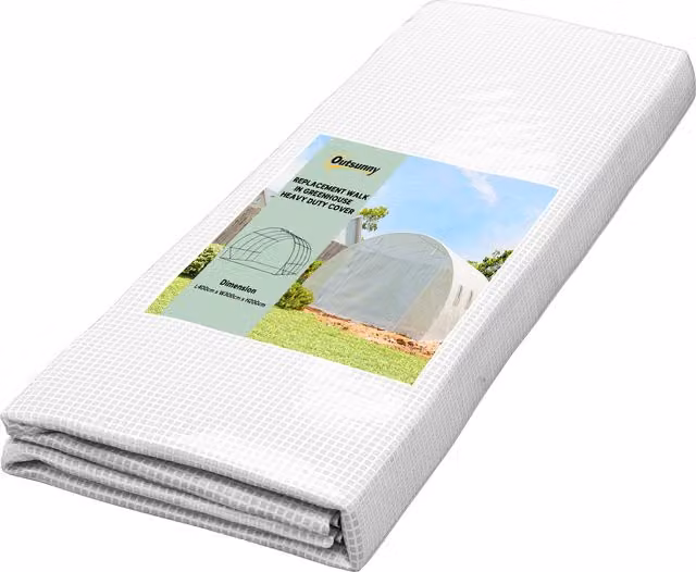 Telo Serra Outsunny in PE Bianco con 8 Finestre, Porta Avvolgibile e Bordi Interrati, L: 4 m, P: 3 m, H: 2 m – 1