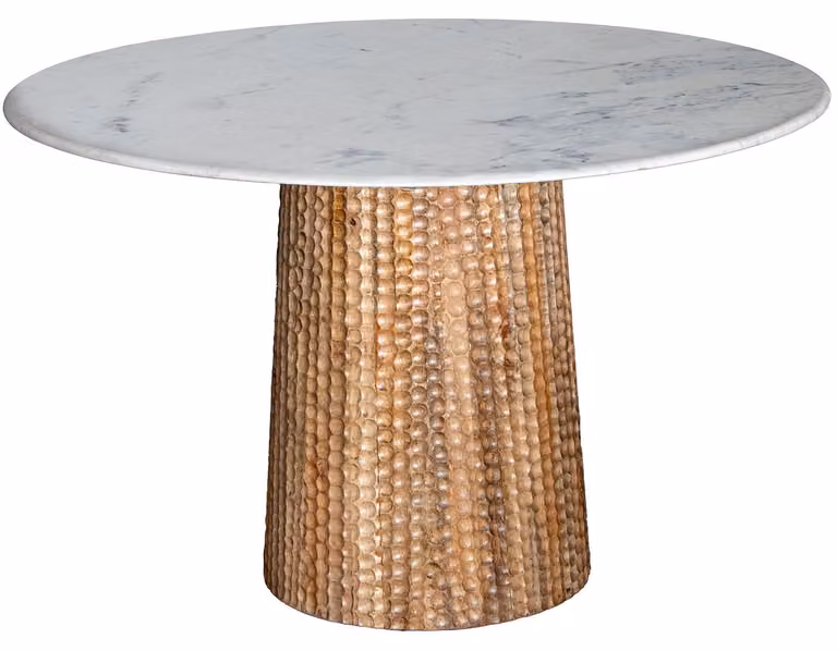 Tavolo da pranzo rotondo in legno e marmo, colore bianco naturale, dimensioni 120x120x75 cm