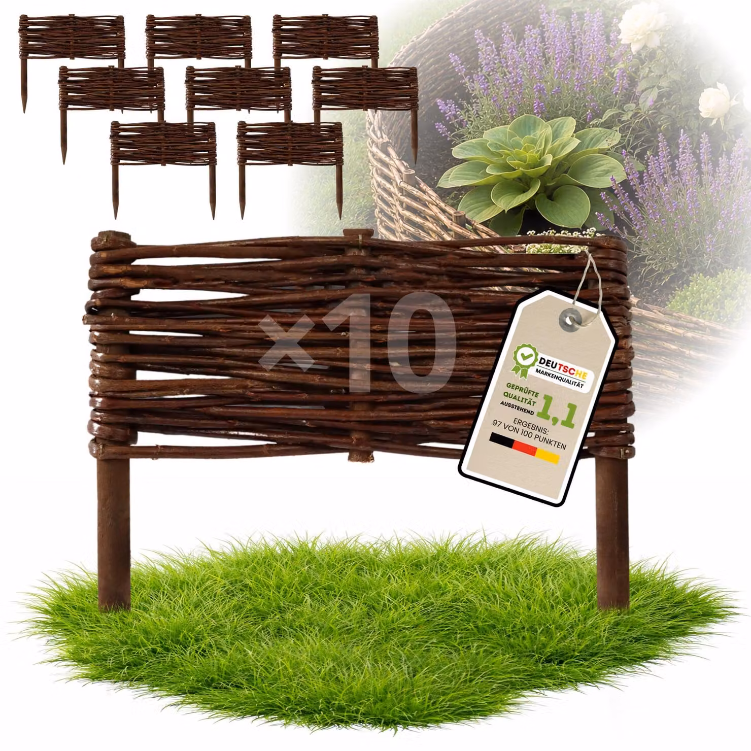 Floranica 10 pezzi Recinzione in vimini 10 cm x 30 cm – Staccionata da giardino intrecciata Palizzata Recinzione naturale Bordo aiuola