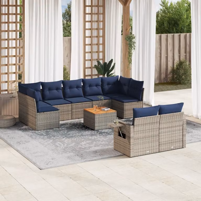 Set di divani da giardino vidaXL in polyrattan grigio con cuscini e tavolino da esterno a forma di U