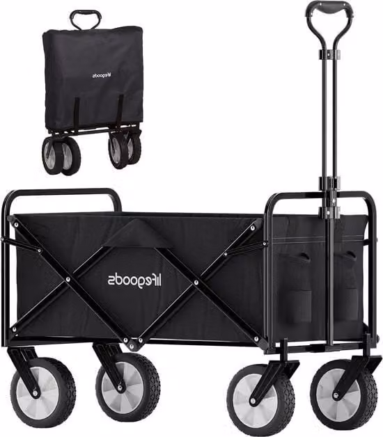 Carrello pieghevole per bambini - Carrello pieghevole per giardino e spiaggia - Carrello per trasportare fino a 80 kg - 94 litri - 98 x 45 cm - Nero Carrello