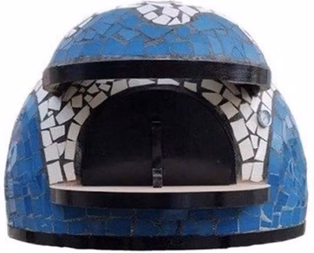 Forno a legna artigianale linea Wave con rivestimento in mosaico bianco e azzurro, Ø 120 cm