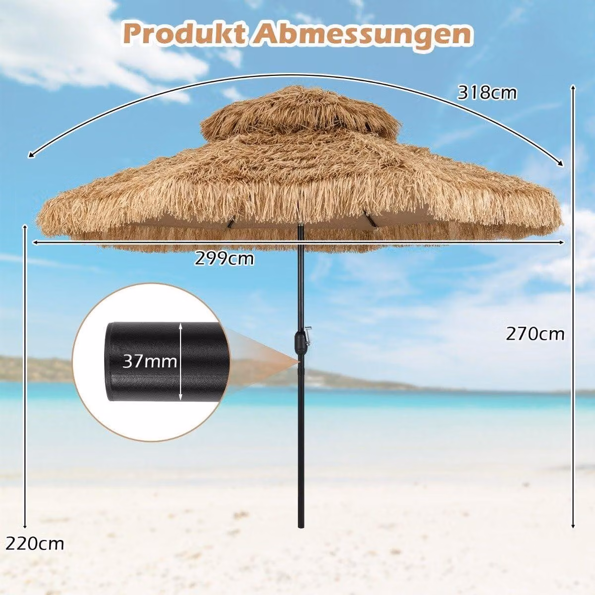 Ombrellone Tiki hawaiano, paglia PE da 299 cm, inclinazione regolabile