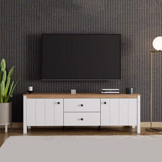 DMORA Mobile Porta TV Moderno con Cassetto, Bianco Opaco e Legno, L: 163 cm, P: 40 cm, H: 53 cm – 1