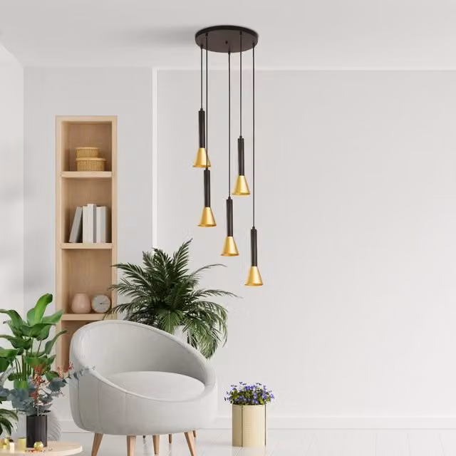 Lampadario Sospeso Moderno Searchlight in Metallo Nero e Oro con 5 Luci GU10 e Altezza Regolabile