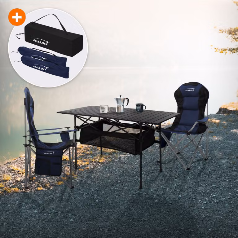 Set di mobili da campeggio Hauki 3 pezzi, tavolo pieghevole nero con 2 sedie da campeggio blu, inclusa borsa di trasporto