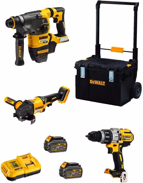 Kit utensili DeWALT FVK381TST2HD-QW 54V/18V con trapano DCH333, avvitatore DCD996, smerigliatrice DCG418 e 2 batterie da 6,0 Ah colore giallo