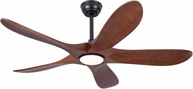 Ventilatore a soffitto con luce e telecomando, 5 pale in legno massello, noce e nero