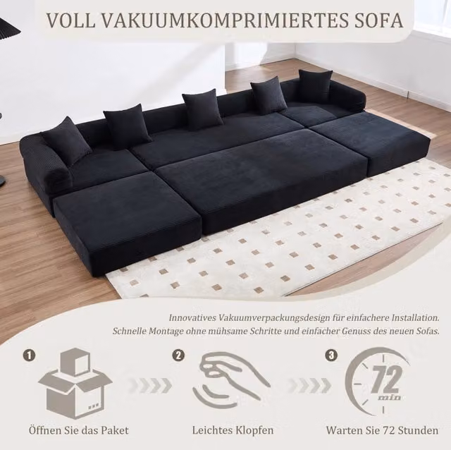 Divano modulare nero in velluto a coste con vano portaoggetti e funzione letto, 270x180x64 cm