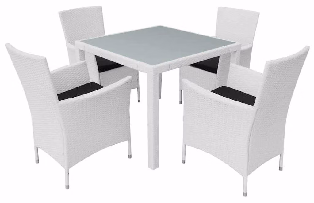 Set da giardino 5 pezzi, bianco - Tavolo da 90 cm - Materiale simile al rattan in polietilene - Con piano in vetro temperato