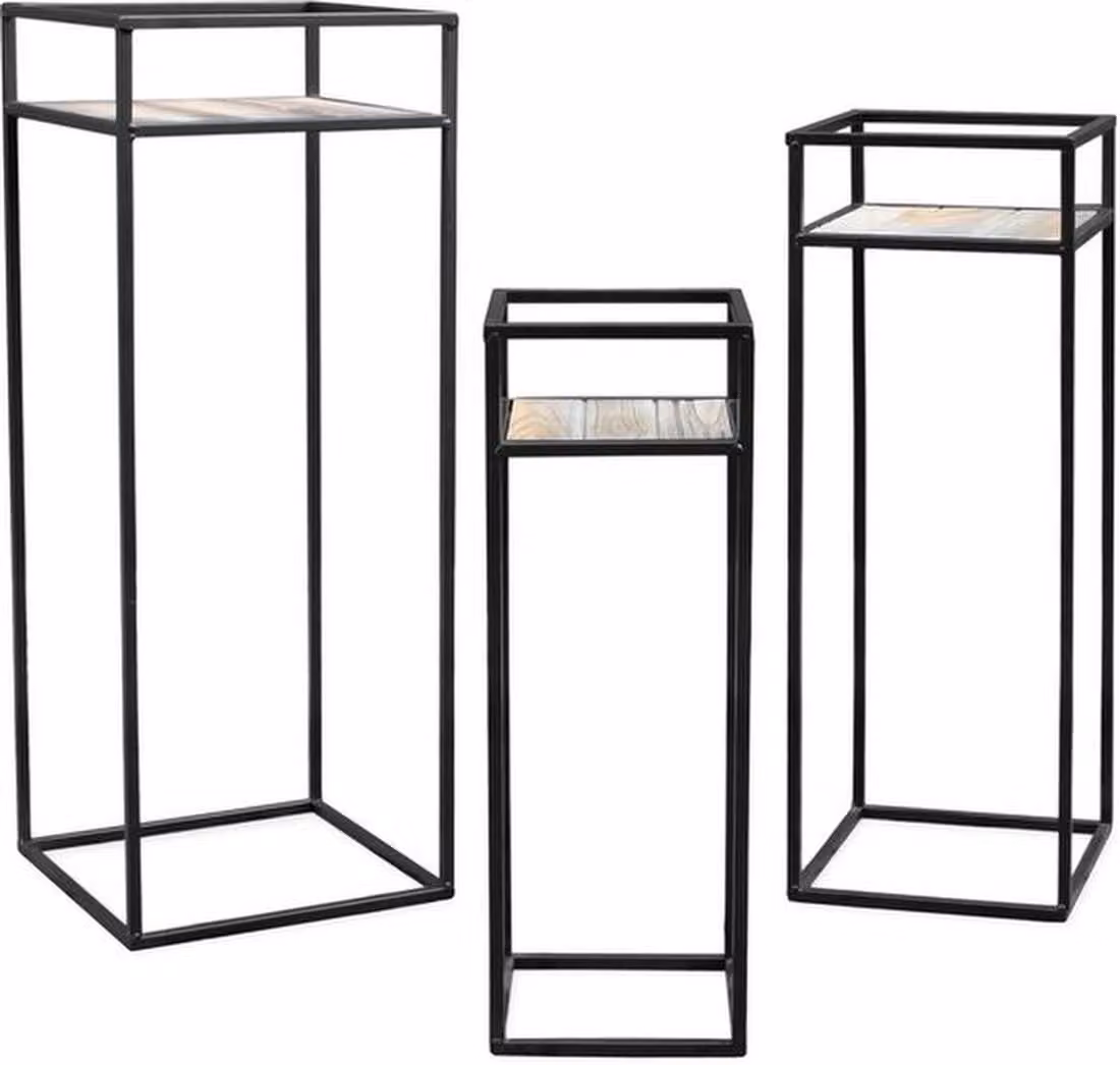 Set composto da tre vasi da fiori decorativi in metallo con vaso in legno