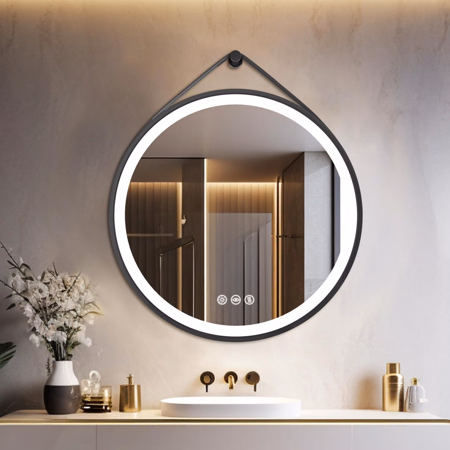 Specchio da bagno LED rotondo, diametro 60 cm, colore nero, con funzione di regolazione dell'intensità luminosa, 3 tonalità di luce e sistema antiappannamento