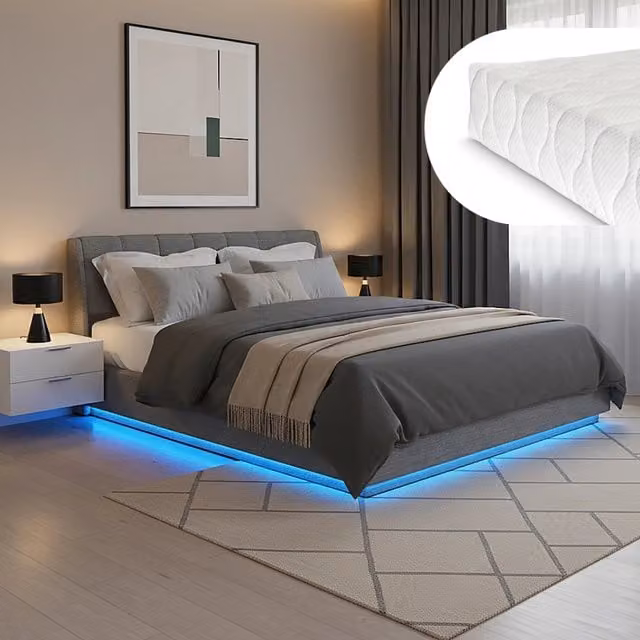 Letto Matrimoniale King Size Contenitore Tröstiar a Luce LED con Materasso 180x200 cm - Effetto Lino Antracite [en.casa]