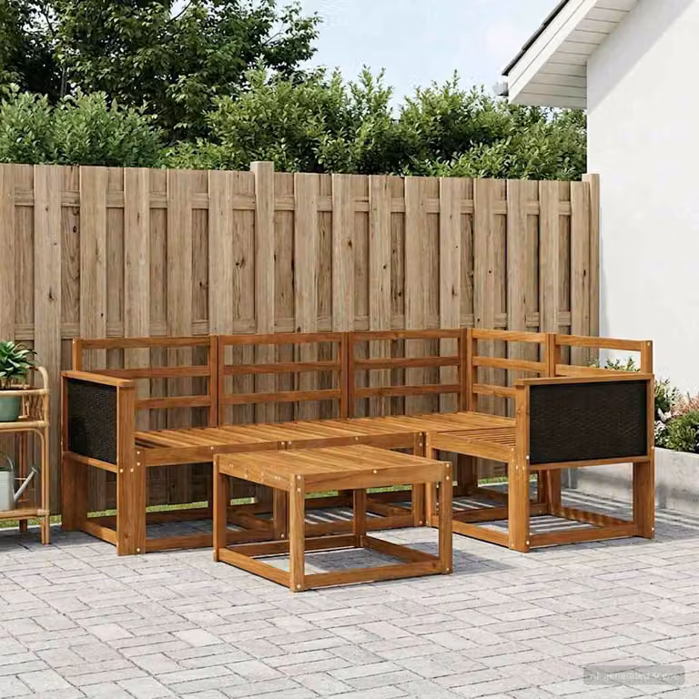 Set di divani da esterno vidaXL 5 pezzi in legno di acacia massello marrone con cuscini inclusi e tavolino da caffè in stile moderno a forma di L