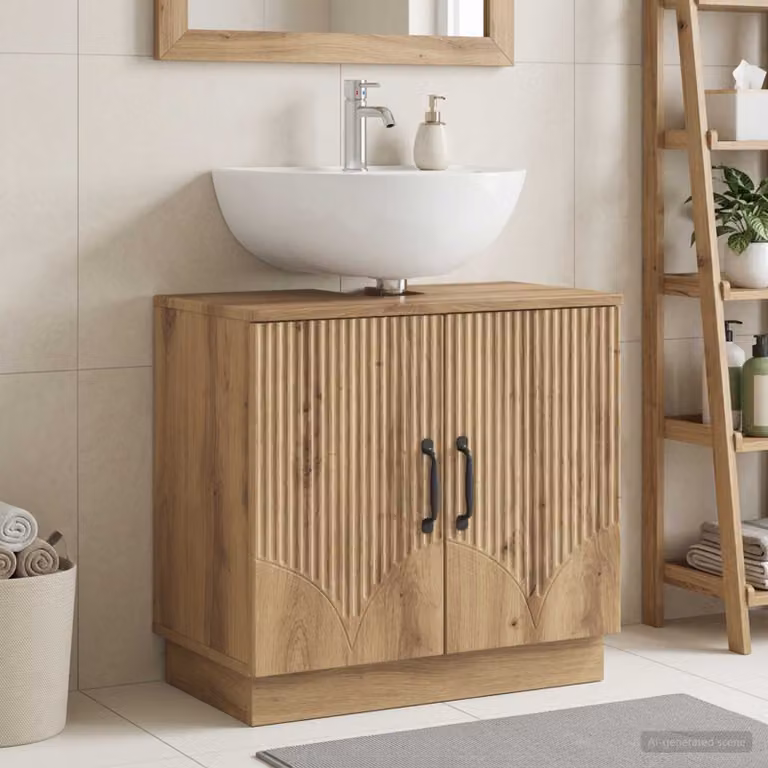 Armadio per lavabo da bagno moderno vidaXL HOORN in rovere e metallo, colore marrone e nero