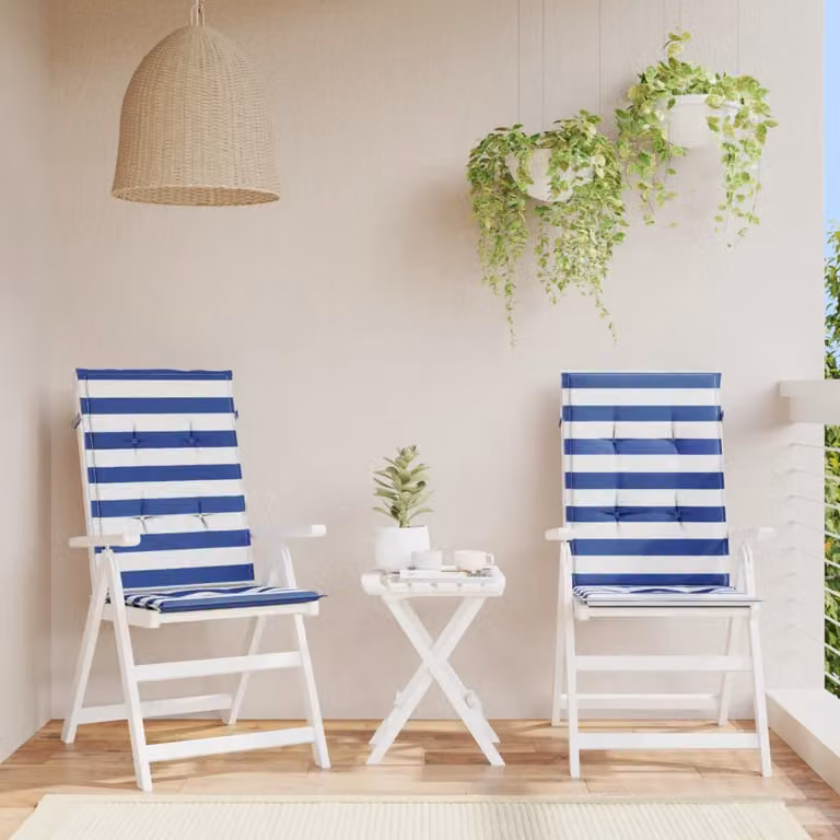 Set di 2 cuscini per sedia con schienale alto vidaXL, design a strisce maritime bianco e blu, tessuto in poliestere resistente all'acqua e ai raggi UV