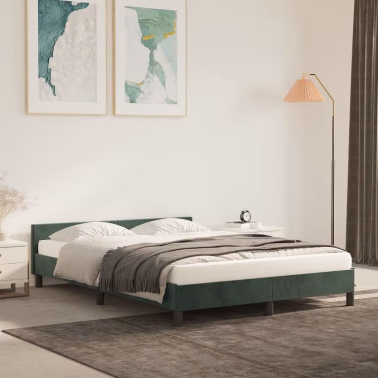 The Living Store Struttura letto con testiera in velluto verde scuro 140x190 cm