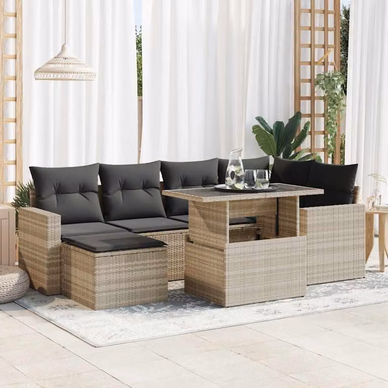 Set di divani da giardino vidaXL in polyrattan con 7 pezzi e cuscini grigio chiaro
