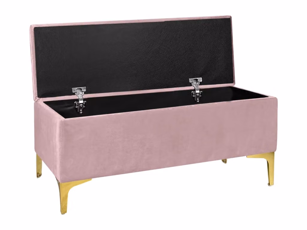 Panca contenitore in velluto rosa con gambe in metallo dorato e struttura in legno massello, ideale come pouf o sgabello a fine letto o per l'ingresso – 2