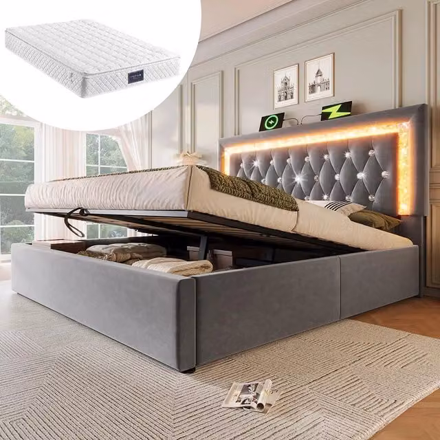 Letto imbottito-Xylo-140x200cm LED diamante USB-C idraulico velluto grigio con materasso