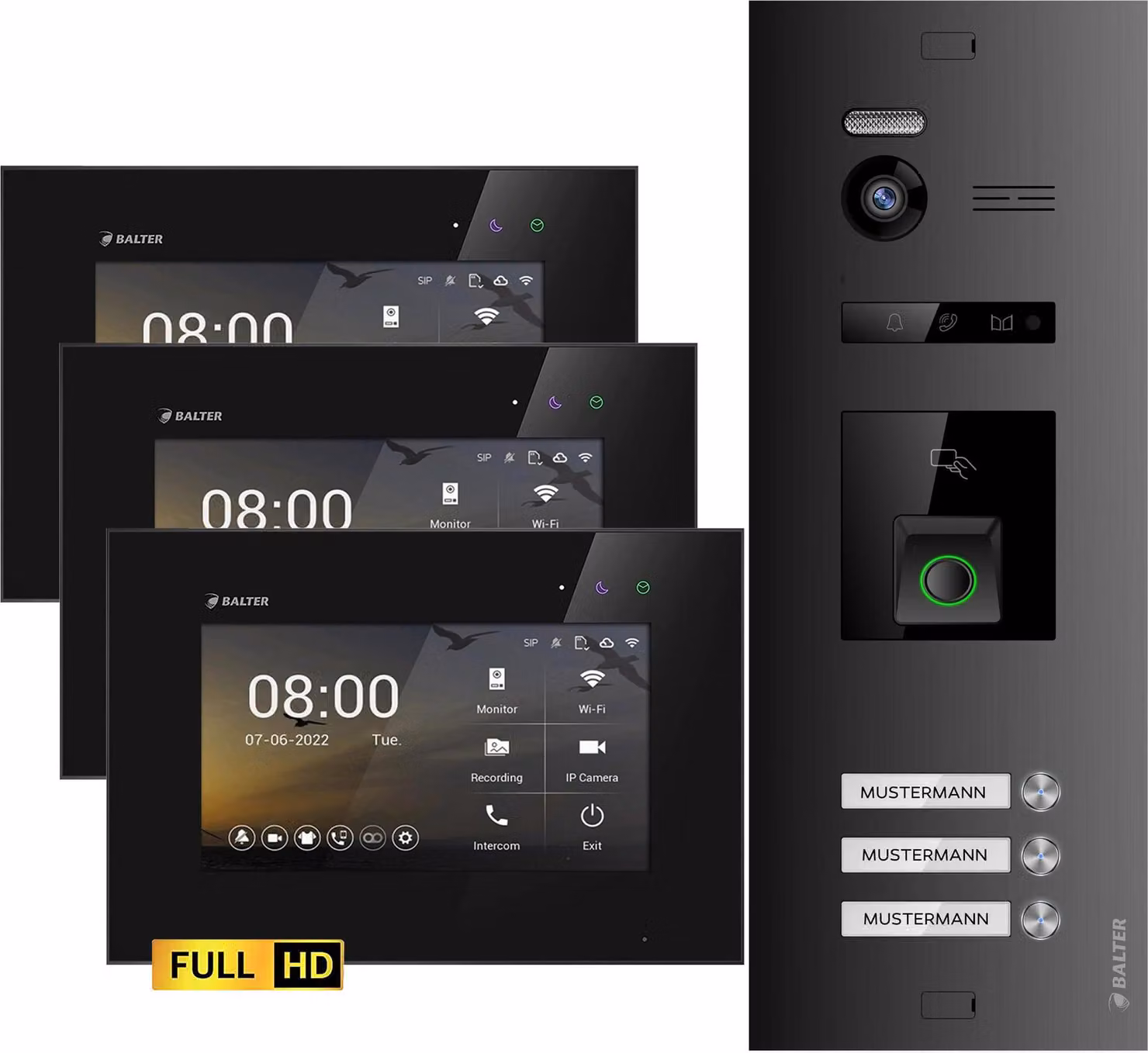 Videocitofono Balter EVO HD con impronta digitale e RFID per casa trifamiliare, 3x monitor