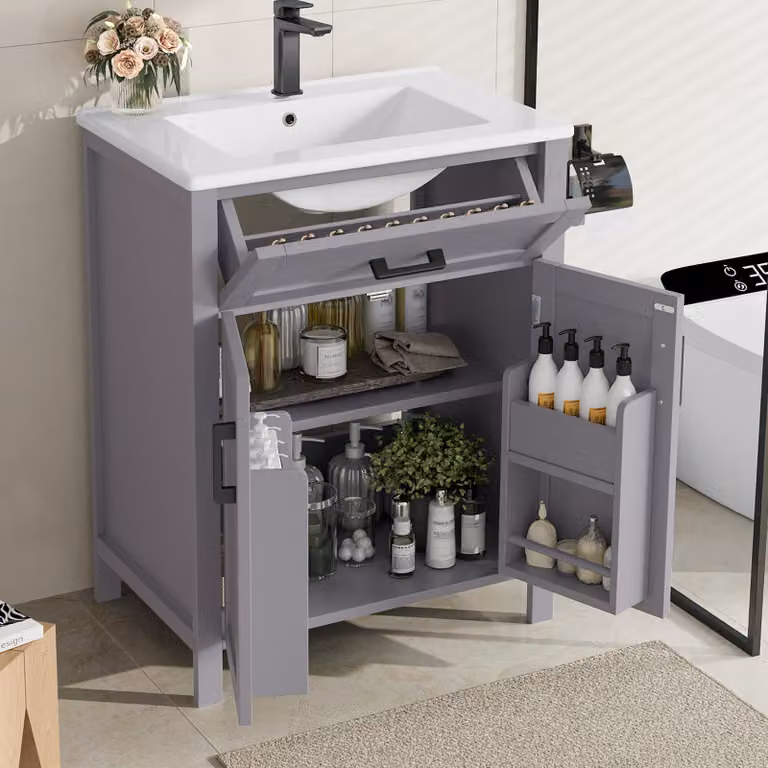 Sweiko 60 x 46 x 84,8 cm Mobile da bagno a terra con lavabo, lavandino, verniciatura completa, ripiani a doppia anta, pratici cassetti, ripiani regolabili, lavabo in Vetroceramica integrato, grigio