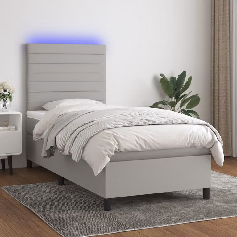 The Living Store Letto a molle con materasso e LED in tessuto grigio chiaro 80x200 cm