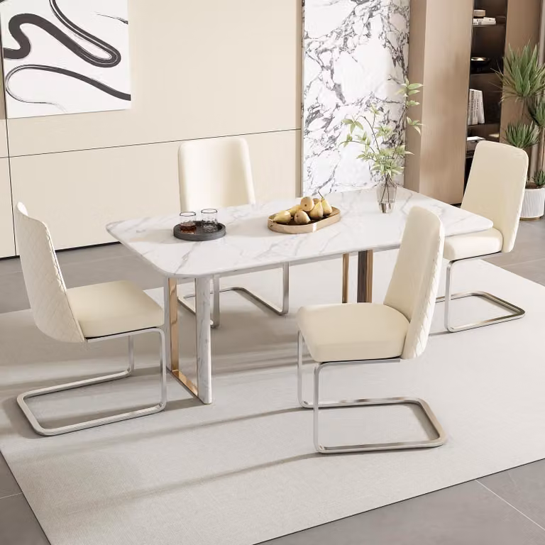 Set di 4 sedie a sbalzo Flieks, sedie per sala da pranzo con gambe in metallo argentato, sedie imbottite con rivestimento in velluto, sedie da cucina sedia da soggiorno, beige