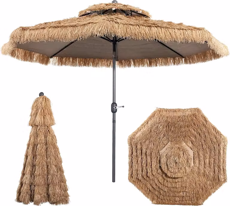 KOMFOTTEU Ombrellone Hawaii da 3 m, ombrellone in rafia pieghevole, ombrellone in paglia per protezione dal sole, ombrellone da spiaggia con doppio tettuccio, ombrellone da terrazza e da mercato per giardino, balcone e spiaggia