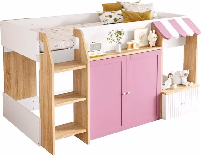 Letto a soppalco per bambini 90x200 cm a casetta con scala; rosa e bianco