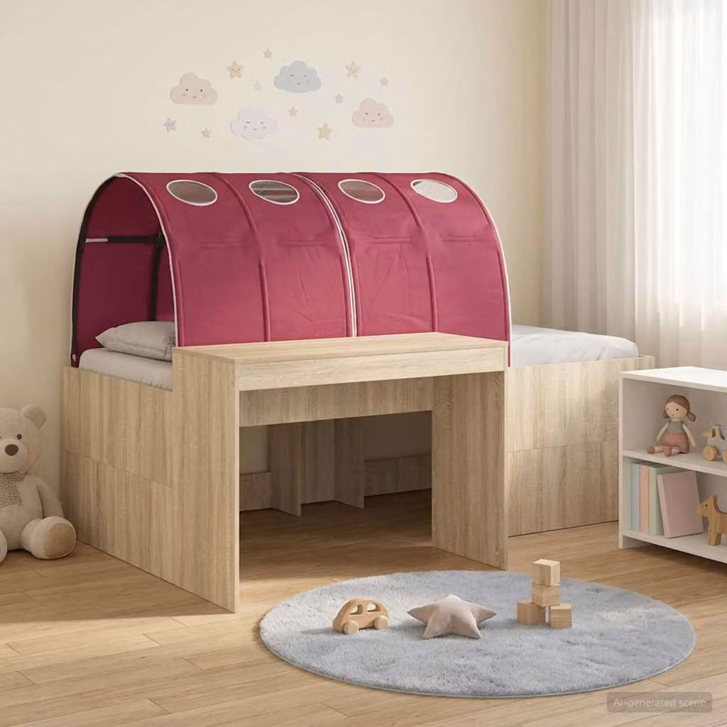 vidaXL Letto per bambini con tunnel, Rovere e Rosso, L: 193 cm, P: 120 cm, H: 75 cm