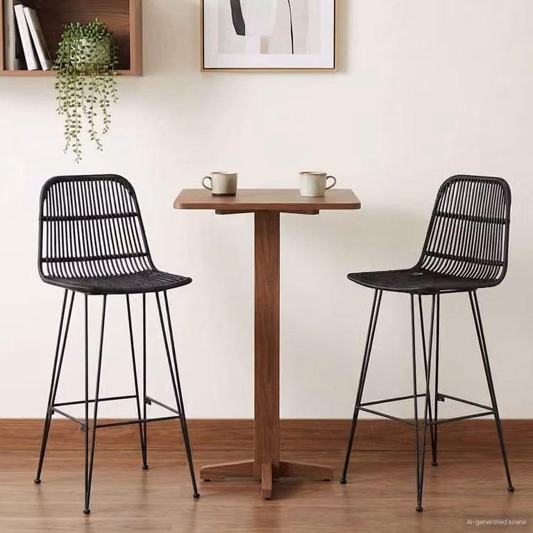 Set di 2 sgabelli da bar vidaXL in rattan e acciaio nero per cucina e sala da pranzo, H 109 x L 44 x P 55 cm