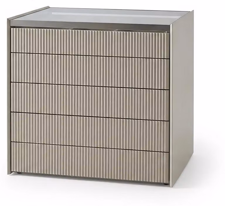 Comodino moderno beige con cassetti in vetro, mobiletto, credenza, mobile contenitore