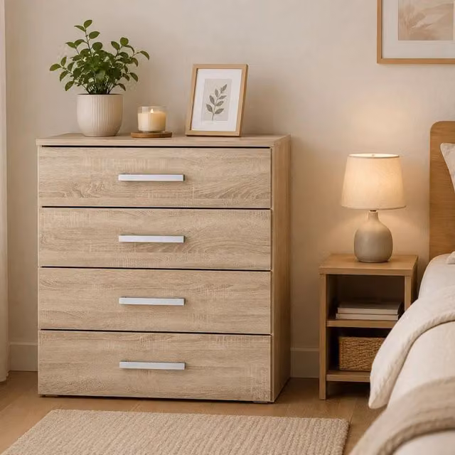 Cassettiera DMORA Laga con 4 cassetti in finitura rovere marrone, L: 83 cm, P: 43 cm, H: 97 cm – 1
