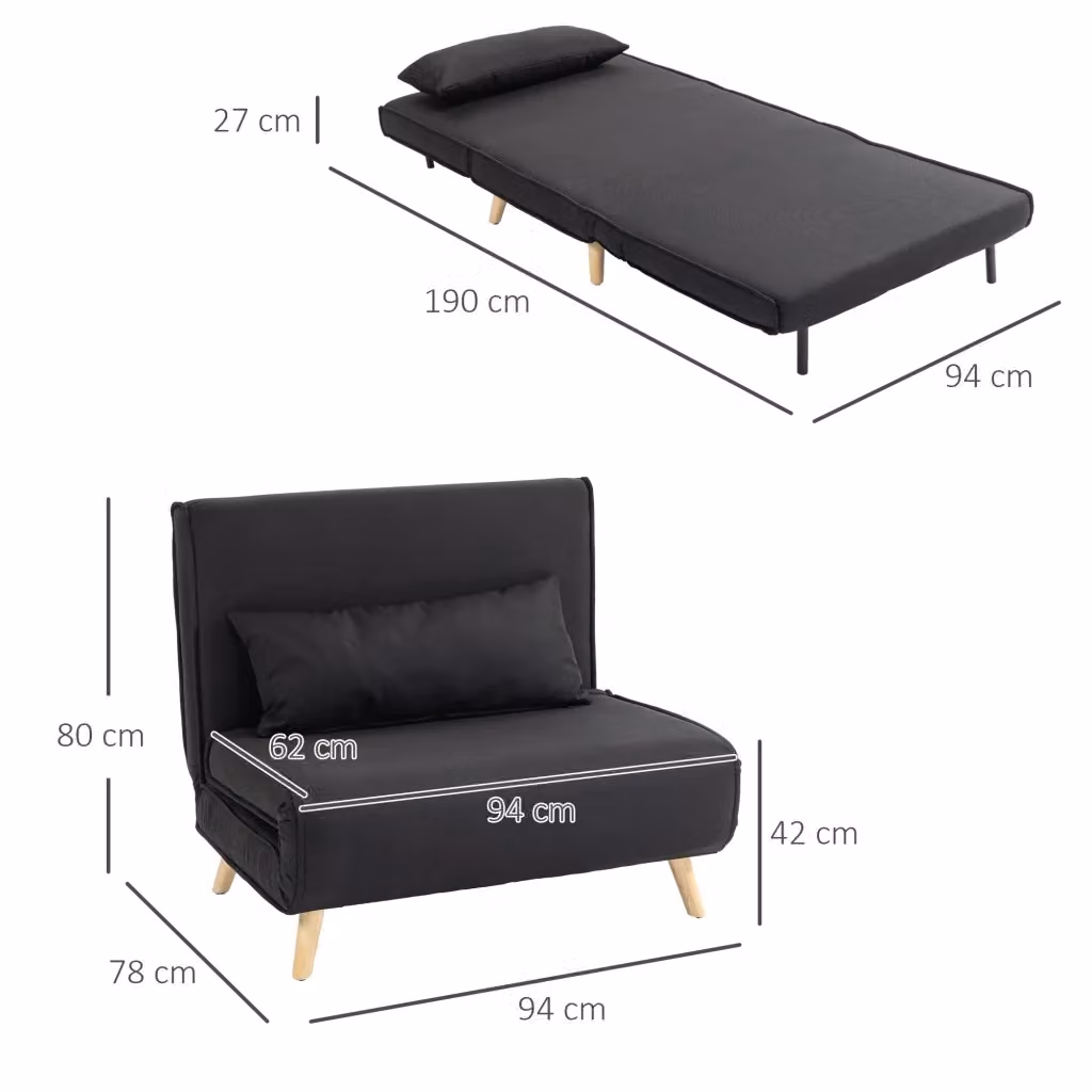 Poltrona letto 2 in 1 MIVRAY in tessuto nero con schienale regolabile in 6 posizioni, gambe in legno di abete e cuscino – 2