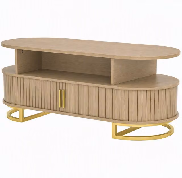 Tavolino da salotto ovale HOMCOM con ante scorrevoli e contenitore in legno color rovere e beige – 1
