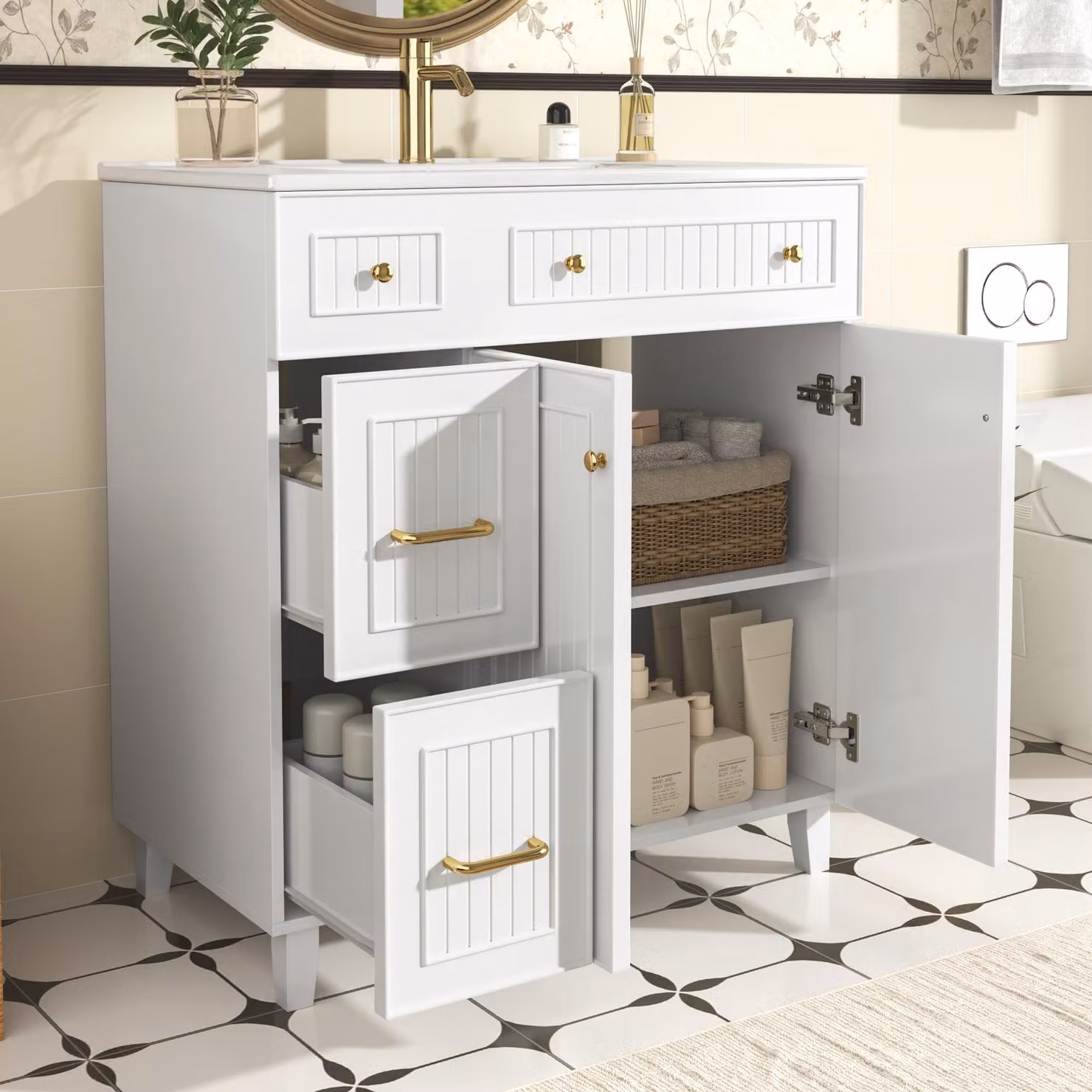 Mobile bagno Fortuna Lai con lavabo 81,7 cm - Mobile bagno a colonna con lavabo in Vetroceramica, superficie laccata, spazio contenitivo multifunzionale e piedini in legno massello dal design moderno e lussuoso - bianco