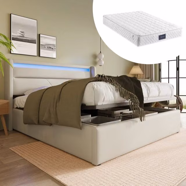 LETTO IMBOTTITO CONTENITORE 160x200 cm IN PU BIANCO CON LED