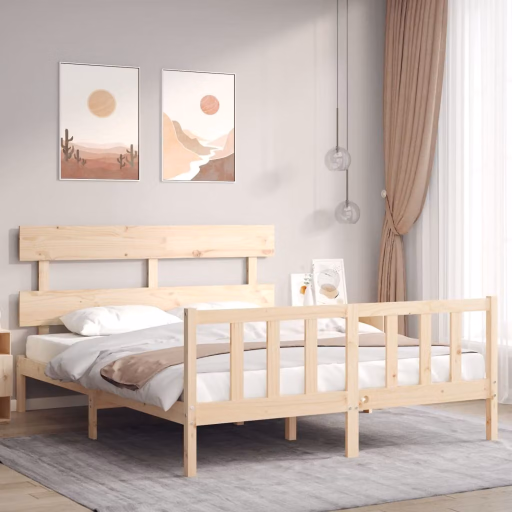 The Living Store Letto in legno massiccio con testiera 160x200 cm