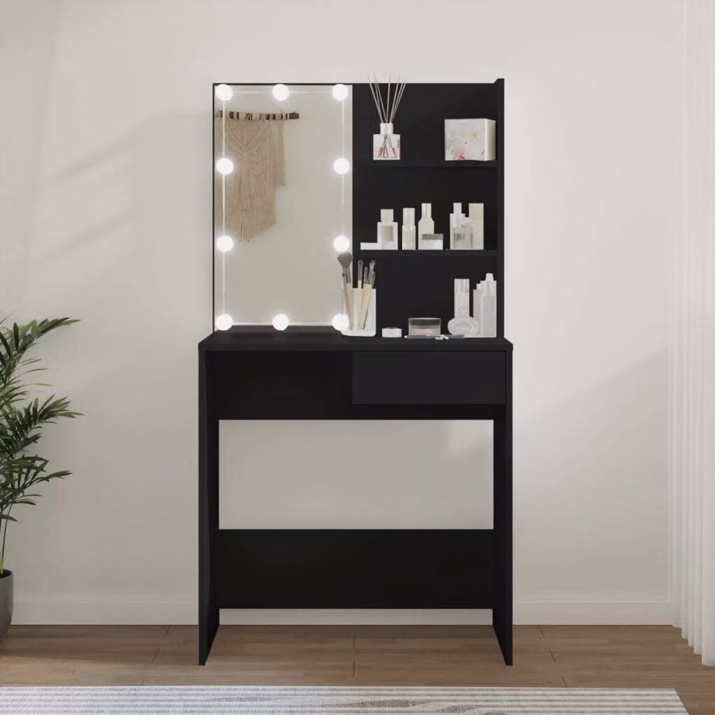The Living Store Comodino con luci LED nero 74,5x40x141 cm