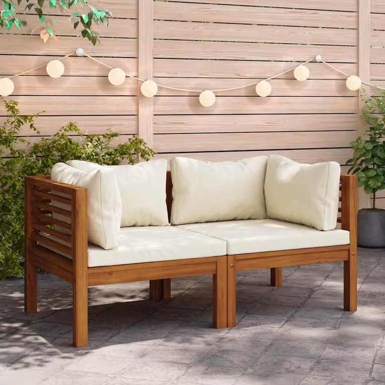 Set di 2 divani angolari vidaXL in legno massello di acacia con cuscini, colore bianco