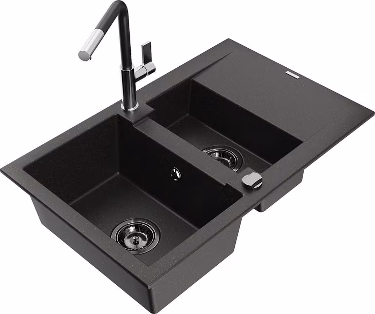 Mexen Gaspar lavello in granito 1,5 vasche con scolapiatti e rubinetto da cucina Flora, nero/oro - 6507-75-670401-07-B