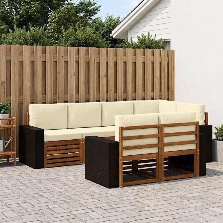 Set di divani da esterno vidaXL 7 pz in legno di acacia con cuscini beige e bianco