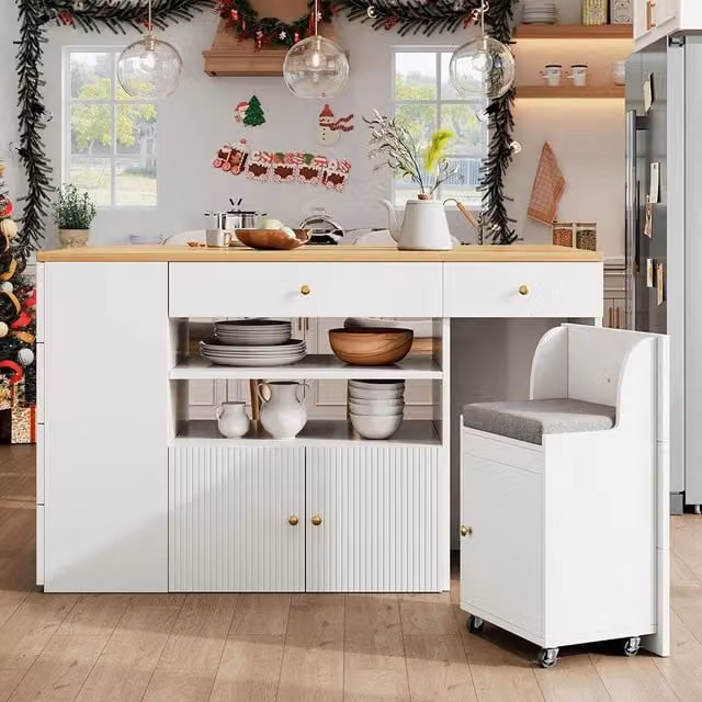 ?lot de cucina regolabile - Xylo - 140x40x89 cm - Bianco/Nero - 6 cassetti con sgabelli
