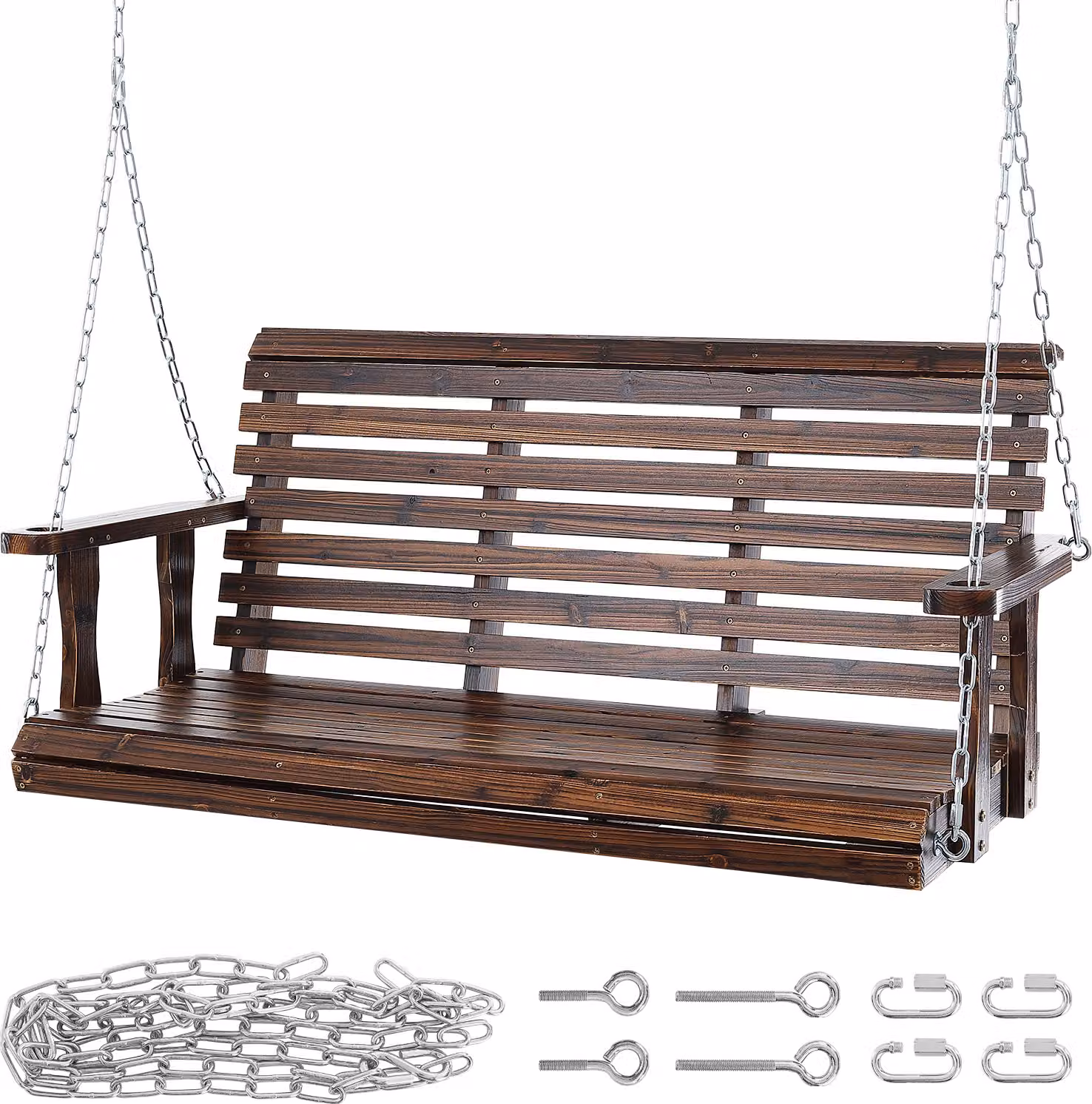SucceBuy Altalena in legno per portico da 4,5 piedi, altalena da giardino per patio, capacità di carico migliorata di 880 libbre, robusta panca per esterni con catene per appendere, marrone carbonizzato