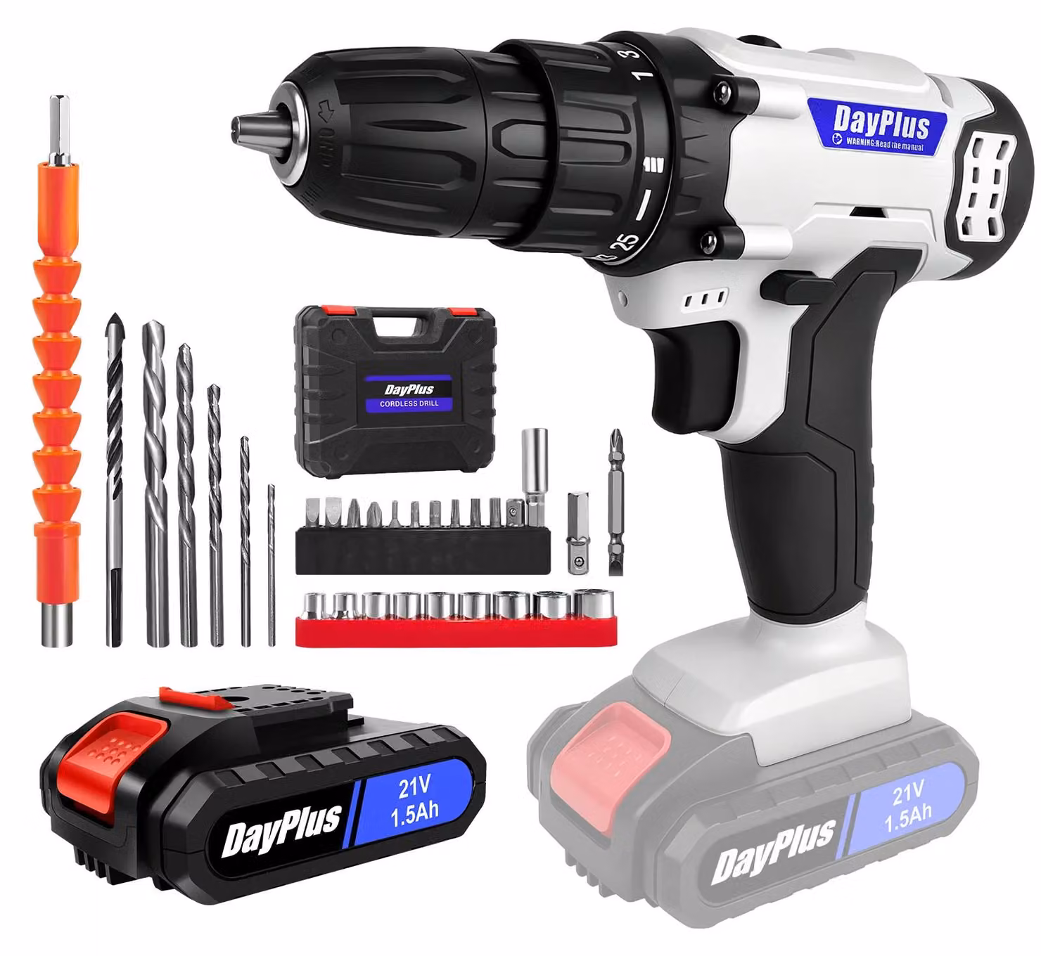 Trapano avvitatore a batteria - Modello WZ-DRILL-W - 21 V - 45 Nm - 2 velocità - 0–400/1400 giri/min - Batteria inclusa - Bianco