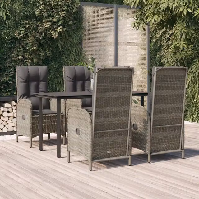 Set da Pranzo Giardino 5pz Nero e Grigio con Cuscini Polyrattan 3185199